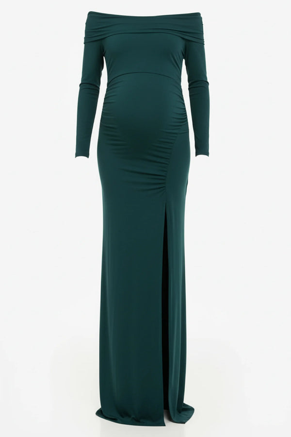 Lange elegante zwangerschapsjurk met off-shoulder - teal