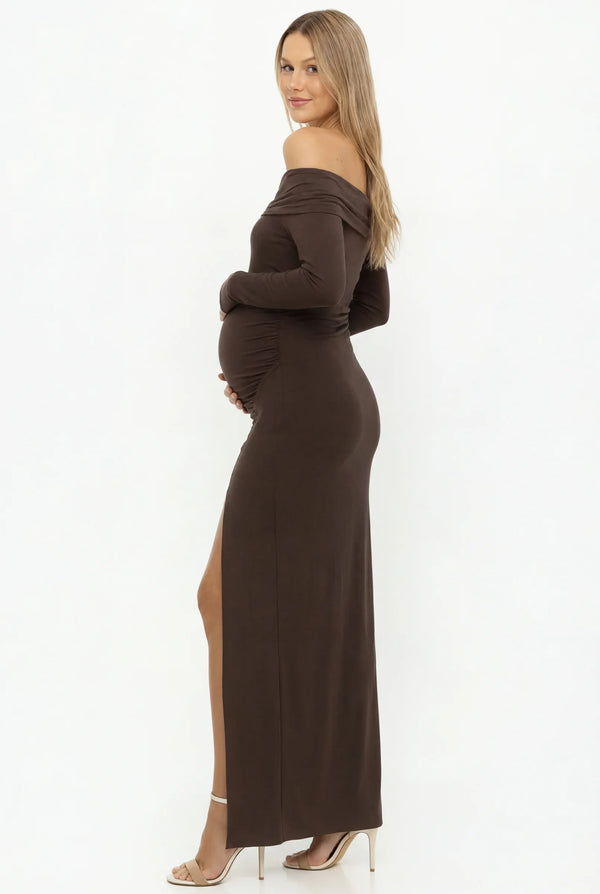 Lange Off-Shoulder Zwangerschapsjurk met Split - Donkerbruin