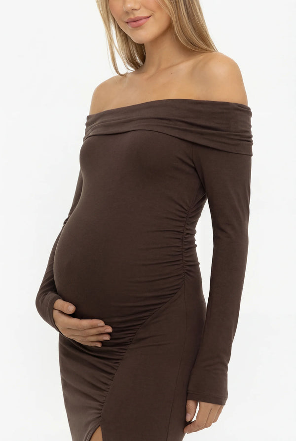 Lange Off-Shoulder Zwangerschapsjurk met Split - Donkerbruin