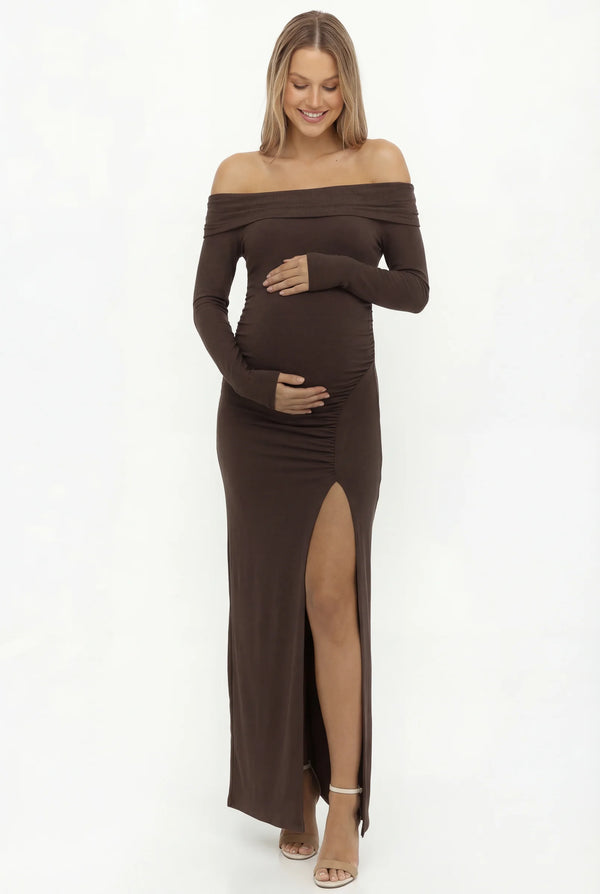 Lange Off-Shoulder Zwangerschapsjurk met Split - Donkerbruin