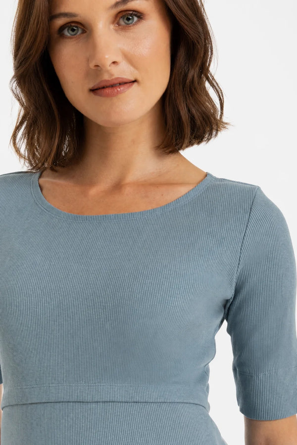 Katoenen ribtricot zwangerschaps- en voedingsjurk - blauw