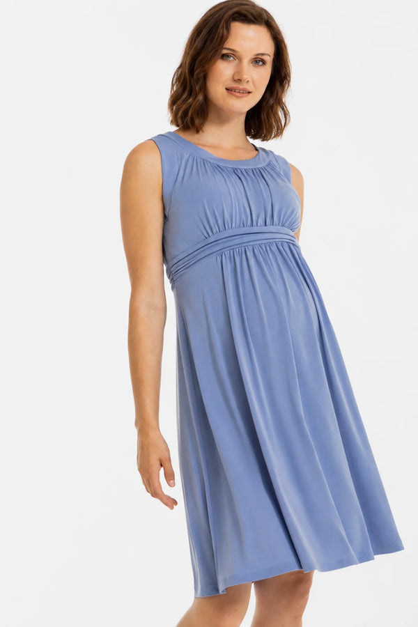 Elegante zwangerschapsjurk met geplooide band - blauw