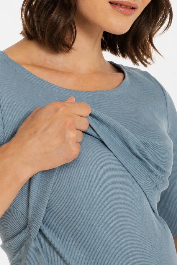 Katoenen ribtricot zwangerschaps- en voedingsjurk - blauw