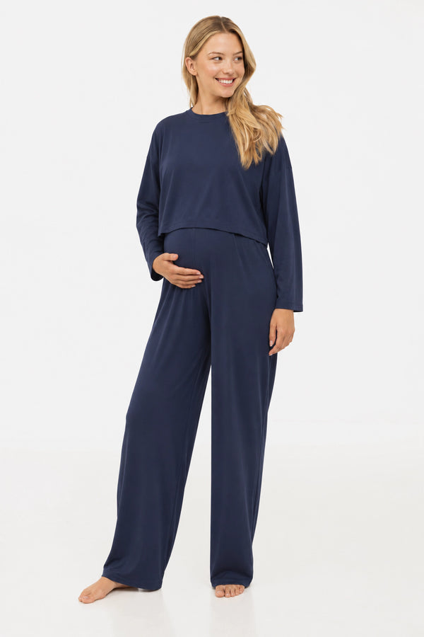 Donkerblauwe cropped zwangerschaps- en voedingstop met lange mouwen