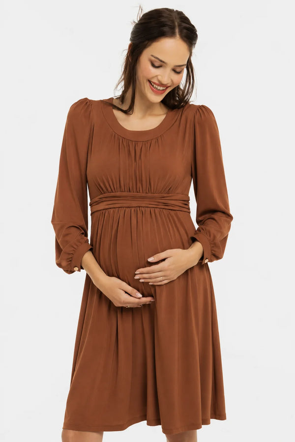 Elegante zwangerschapsjurk met geplooide details - caramel