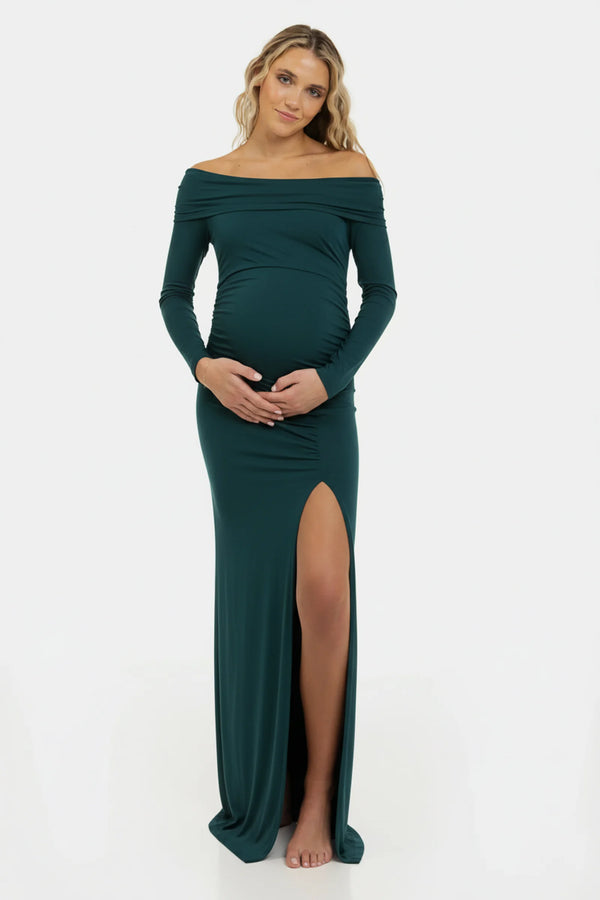 Lange elegante zwangerschapsjurk met off-shoulder - teal