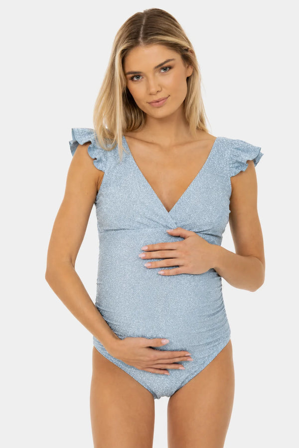 Glitterend zwangerschaps- en voedingsbadpak met vlindermouwtjes - babyblauw