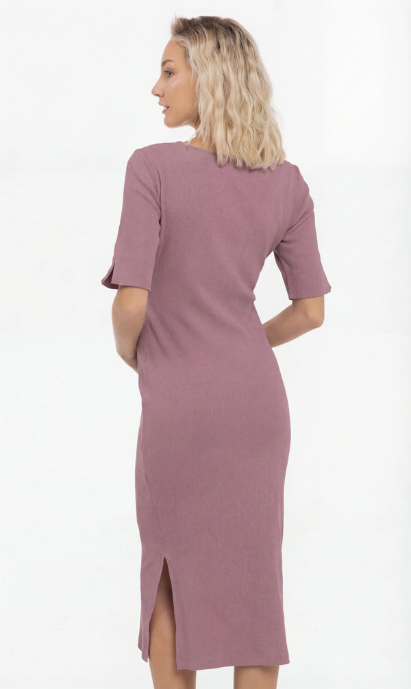 Katoenen ribtricot zwangerschaps- en voedingsjurk - mauve