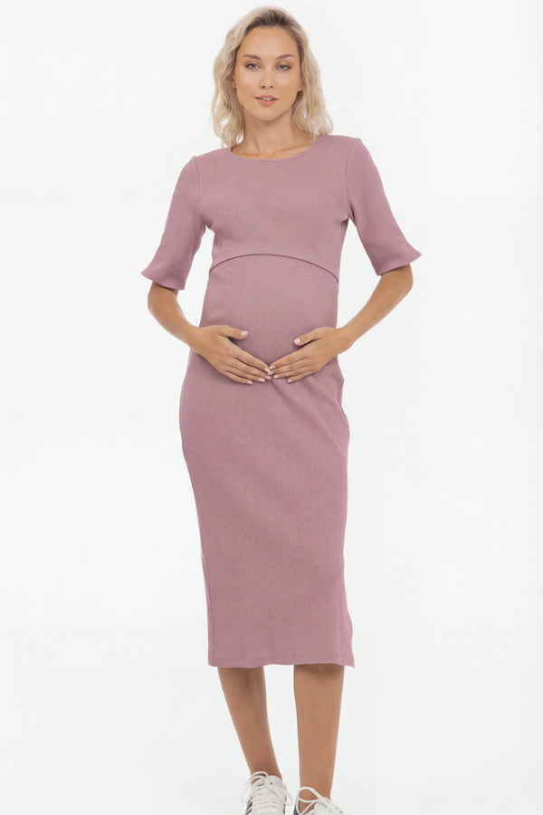Katoenen ribtricot zwangerschaps- en voedingsjurk - mauve