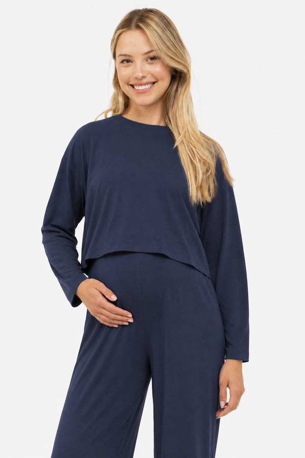 Donkerblauwe cropped zwangerschaps- en voedingstop met lange mouwen