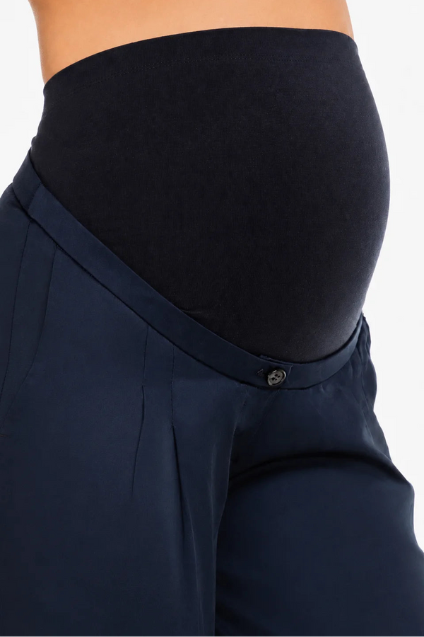 Satijnen 7/8 zwangerschapsbroek met plooien - donkerblauw