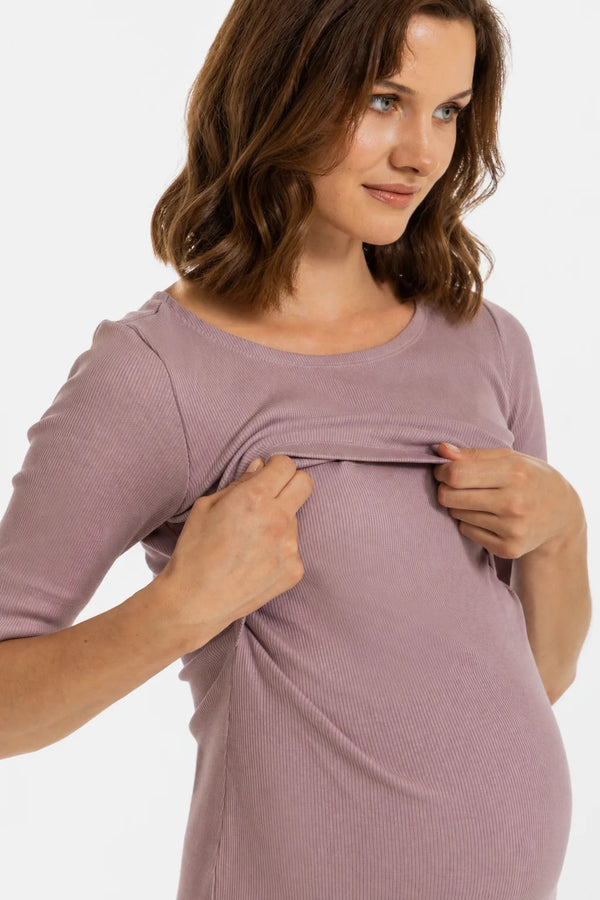 Katoenen ribtricot zwangerschaps- en voedingsjurk - mauve