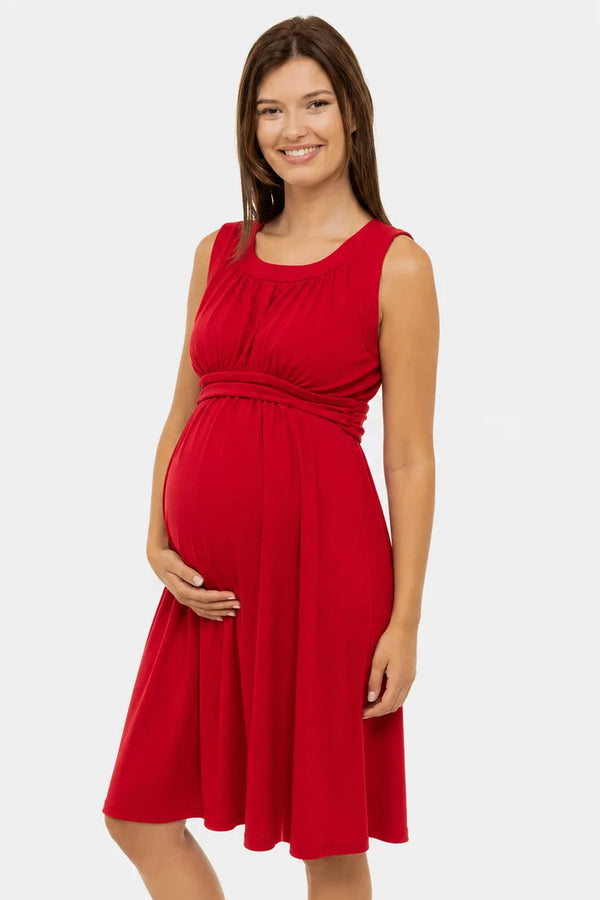 Elegante zwangerschapsjurk met geplooide band - rood