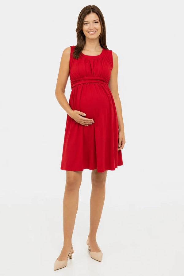 Elegante zwangerschapsjurk met geplooide band - rood