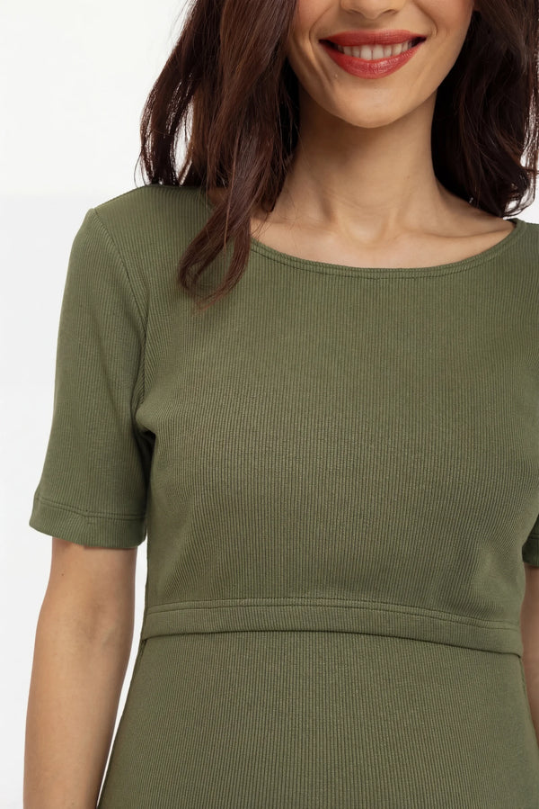 Katoenen ribtricot zwangerschaps- en voedingsjurk - khaki