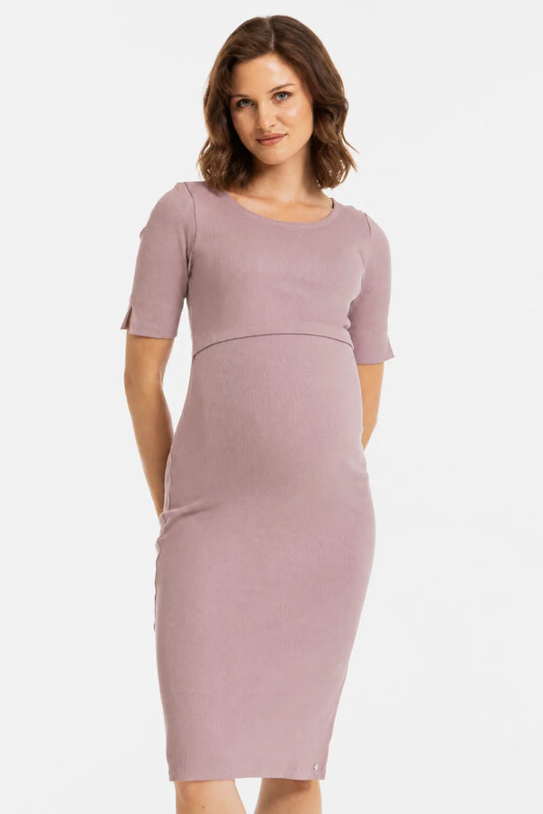 Katoenen ribtricot zwangerschaps- en voedingsjurk - mauve