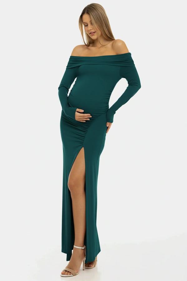 Lange elegante zwangerschapsjurk met off-shoulder - teal